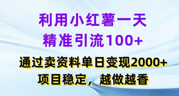 利用小红书一天精准引流100+，通过卖项目单日变现2k+，项目稳定，越做越香【揭秘】-财富区
