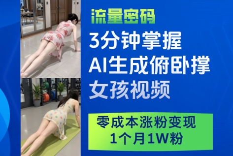 3分钟掌握AI生成俯卧撑女孩视频，零成本涨粉变现，1个月1W粉-财富区