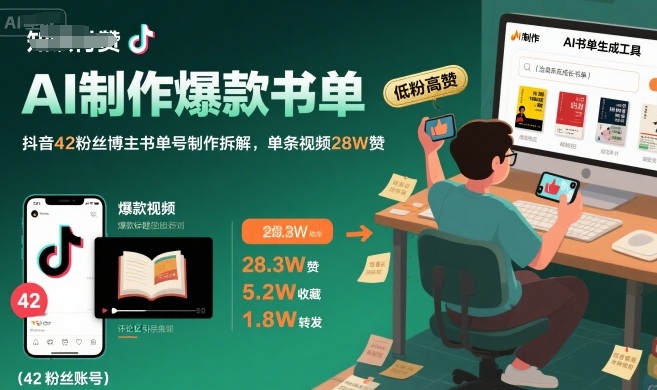 AI制作爆款书单，抖音42粉丝博主书单号制作拆解，单条视频28W赞-财富区
