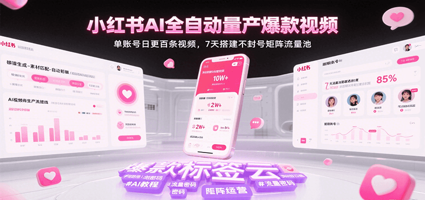 小红书AI全自动量产爆款视频，单账号日更百条视频，7天搭建不封号矩阵流量池（更新）-财富区