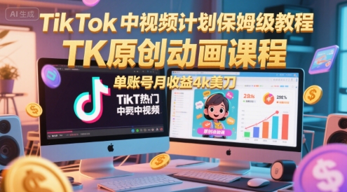 TikTok中视频计划保姆级教程，TK原创动画课程，单账号月收益4k美刀-财富区