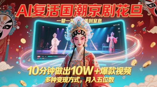 AI复活国潮京剧花旦，一颦一笑美到窒息，10分钟做出10W+爆款视频，多种变现方式，月入五位数-财富区