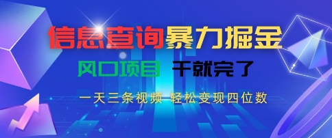 信息查询暴力掘金，一天三条视频，轻松变现四位数，风口项目干就完了-财富区