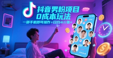 抖音男粉项目0成本玩法，一部手机即可操作，日均4张+，时间自由-财富区