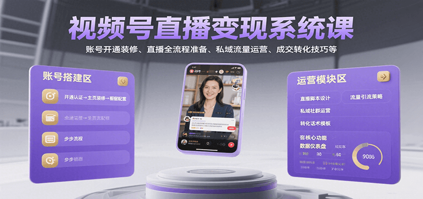 视频号直播变现系统课，账号开通装修、直播全流程准备、私域流量运营、成交转化技巧等-财富区