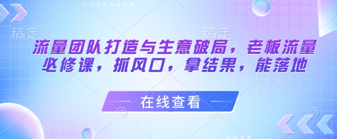 流量团队打造与生意破局，老板流量必修课，抓风口，拿结果，能落地-财富区