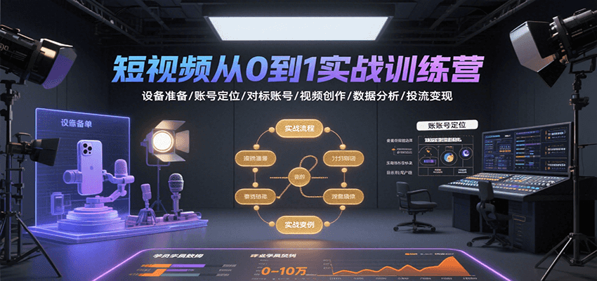 短视频从0到1实战训练营：设备准备/账号定位/对标账号/视频创作/数据分析/投流变现-财富区