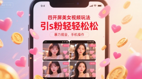 四开屏美女视频玩法，引s粉轻轻松松，暴力掘金，手机操作-财富区