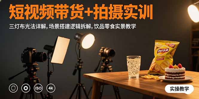 短视频带货+拍摄实训:三灯布光法详解,场景搭建逻辑拆解,饮品零食实景教学-财富区