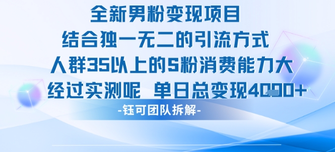 全新男粉变现项目引流人群35以上的男粉消费能力大 经过实测单日变现1k+-财富区