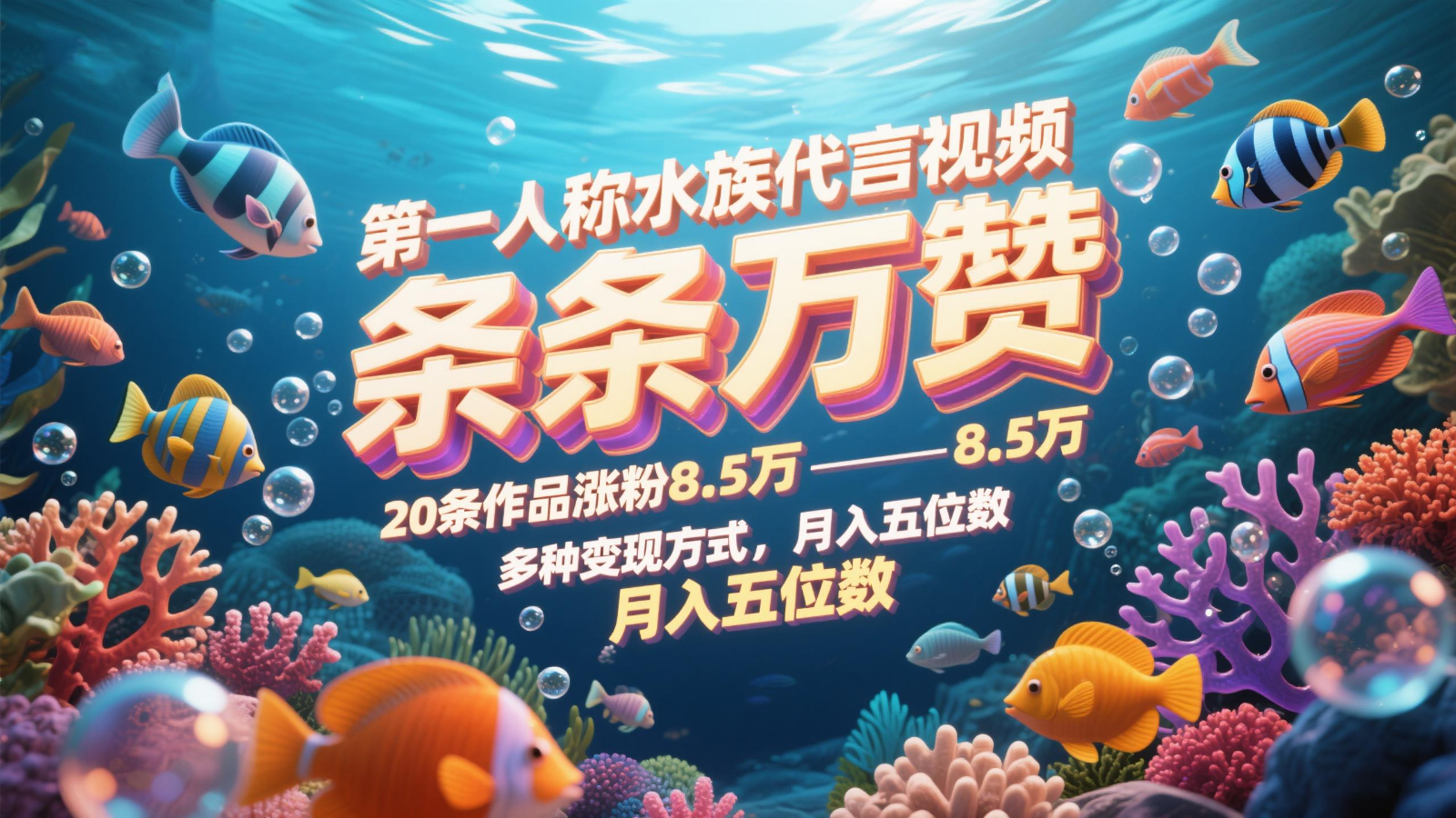 第一人称水族代言视频，条条万赞，20条作品涨粉8.5万，多种变现方式月，入五位数-财富区