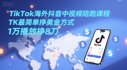 TikTok海外抖音中视频陪跑课程，TK最简单挣美金方式，1万播放挣8刀-财富区