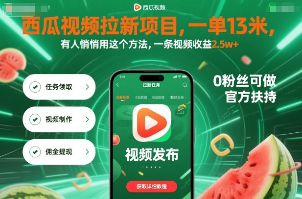 西瓜视频拉新项目，一单13米，有人悄悄用这个方法，一条视频收益2.5w+（附详细教程）-财富区