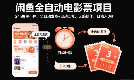 闲鱼全自动电影票项目，24h爆单不停，全自动发货+自动回复，无脑操作，日稳入3张-财富区