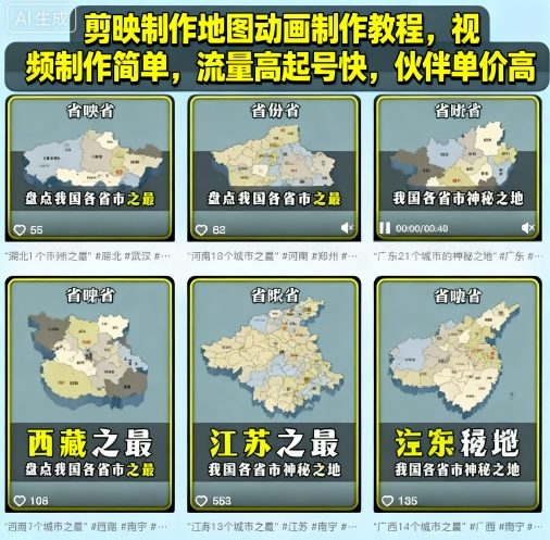 剪映制作地图动画制作教程，视频制作简单，流量高起号快，伙伴单价高-财富区
