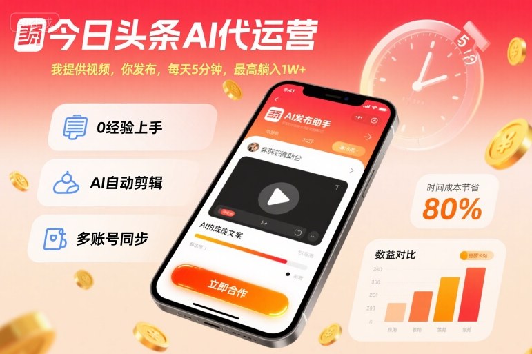 今日头条AI代运营，我提供视频，你发布，每天5分钟，最高躺入1W+-财富区