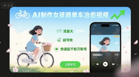 AI制作女孩骑单车治愈视频，流量大，起号快，快速起千粉万粉号-财富区