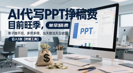 AI代写PPT挣稿费，目前旺季，单子做不完，多劳多得，当天做当天见收益，日入5张【附赠工具】-财富区