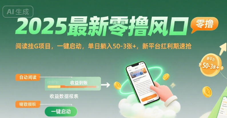 2025最新零撸风口，阅读挂G项目，一键启动，单日躺入 50-3张+，新平台红利期速抢-财富区