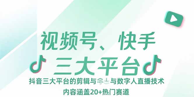 视频号、快手、抖音三大平台的剪辑与数字人直播技术，内容涵盖20+热门赛道-财富区