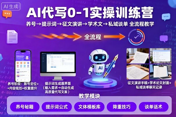 AI代写0-1实操训练营，从养号、提示词、征文演讲、学术文，到私域谈单的全流程教学-财富区