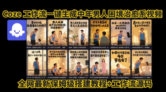coze工作流一键生成”中年男人困境扎心高涨粉高播放量图文视频”保姆级拆解教程，无需剪辑，无需拍摄写文案-财富区