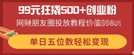 99元狂撬500+创业粉，单日五位数轻松变现，网创朋友圈投放教程-财富区